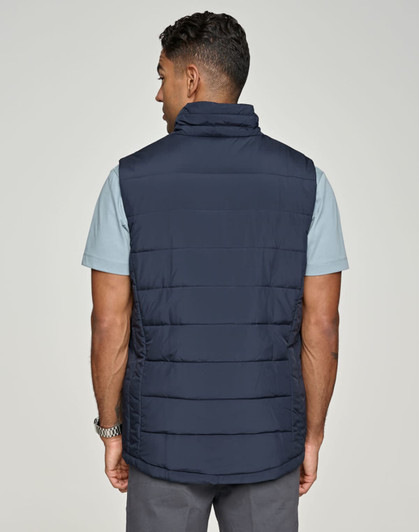 Men's sustainable insulated puffer vest in navy, featuring a high collar and a classic stitched design.