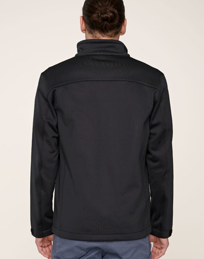 A men's sustainable softshell corporate jacket in black, featuring a collar and a simple, sleek design.