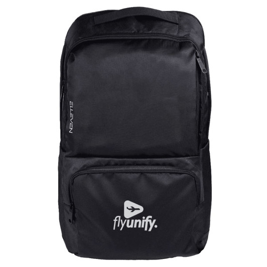 A black laptop backpack featuring a front pocket and a logo. It has a sleek, modern design suitable for daily use.