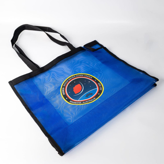A blue nylon mesh tote bag with black straps and a logo in the centre.