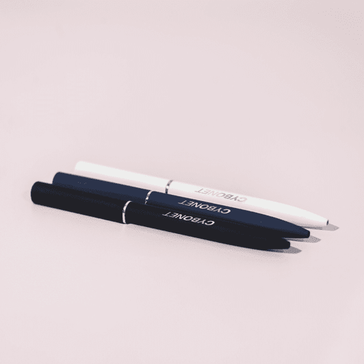 A set of metal pens in black and white with a mirror finish, featuring a branding logo.