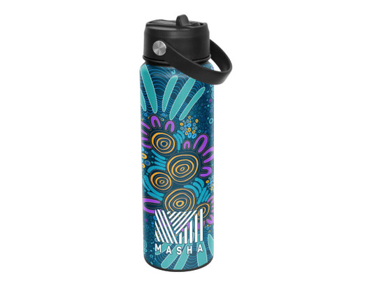 A drink bottle featuring a vibrant, multicoloured design with blue, purple, and orange patterns, and a black lid.
