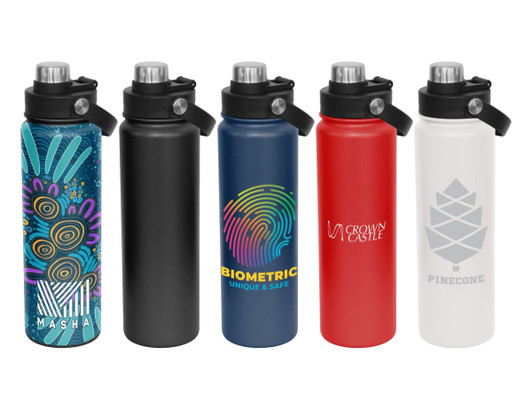 A drink bottle collection featuring five styles: colourful patterned, black, blue, red, and white, each with a screw cap and logo.