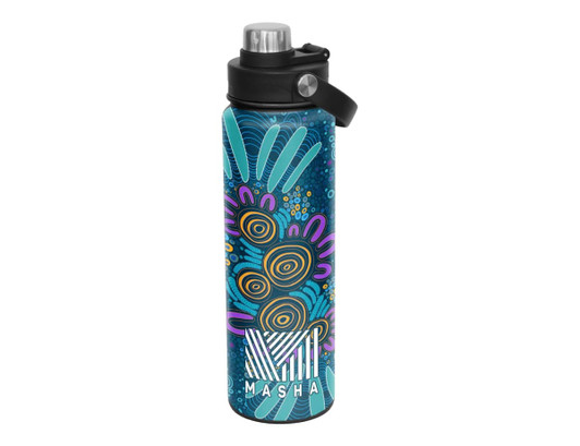 A drink bottle featuring a vibrant blue design with abstract patterns and a screw cap. It includes a logo.