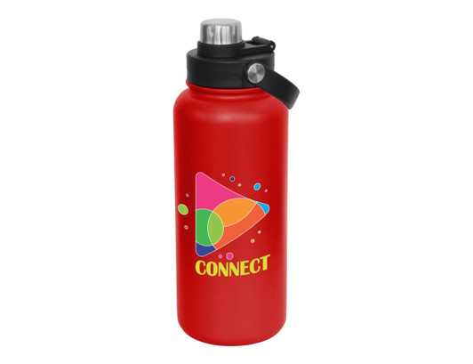 A drink bottle in red with a screw cap and a logo featuring a colourful geometric design.