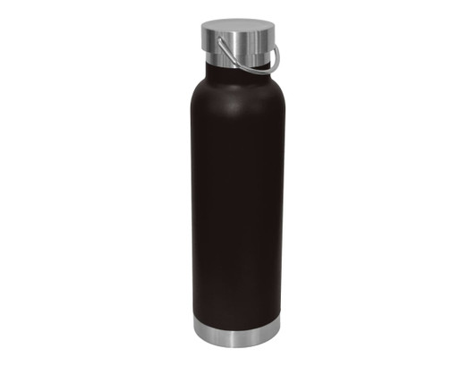 A drink bottle in black with a stainless steel base and lid, featuring a carry handle.