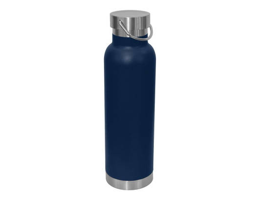 A drink bottle in navy blue with a stainless steel carry lid and base. It features a logo on the body.