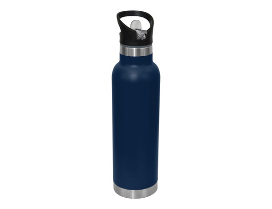 A drink bottle in navy blue with a stainless steel base and a black spout cap, featuring a logo.