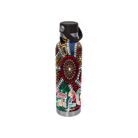 A drink bottle with a vibrant Aboriginal art design in red, black, green, and yellow, featuring a carry lid and strap.