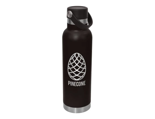A drink bottle in black with a stainless steel base, featuring an embossed design and carrying lid.