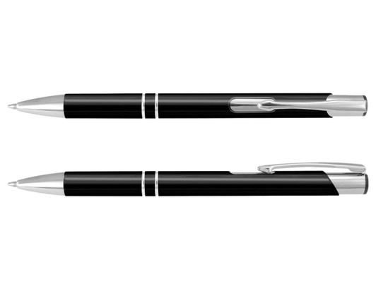 A pair of black metal pens with silver accents, featuring a sleek design and a logo.