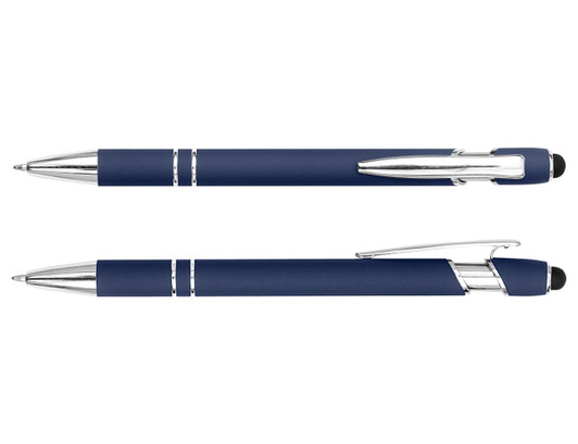 A navy blue stylus pen with silver accents and a clip, featuring a touchscreen tip.