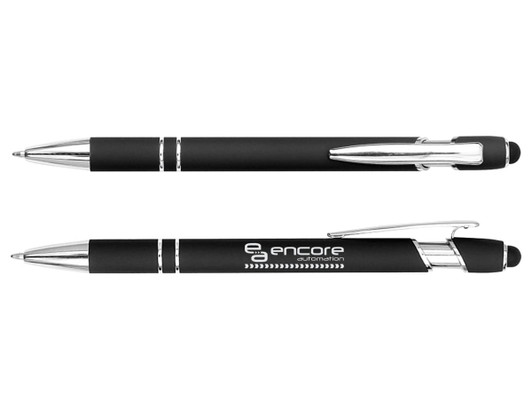 A black stylus pen with chrome accents and a branded logo on the barrel.