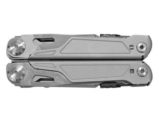 A multi-tool with a sleek grey finish, featuring various tools and a textured grip. It includes a logo on the side.