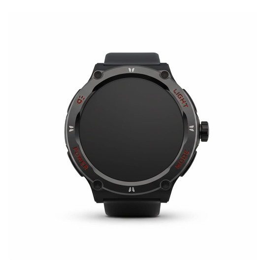 A black smartwatch with a round face, featuring a sleek design and various function buttons. It has a logo on the side.