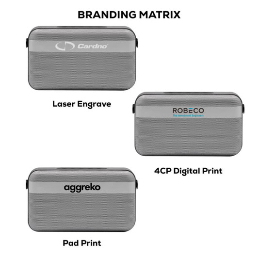 A premium wireless speaker featuring a sleek silver design and multiple branding options on its surface.