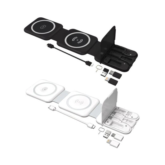A black and white wireless charging kit with dual pads, USB connections, and a compact design featuring a logo.