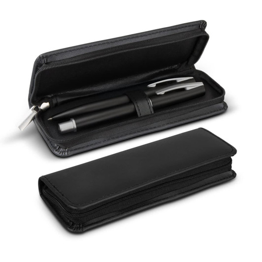 A black pen set in a sleek black zippered case, featuring a stylish black pen and minimalistic design.