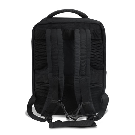 A black travel backpack with padded shoulder straps and a textured back panel featuring a logo.