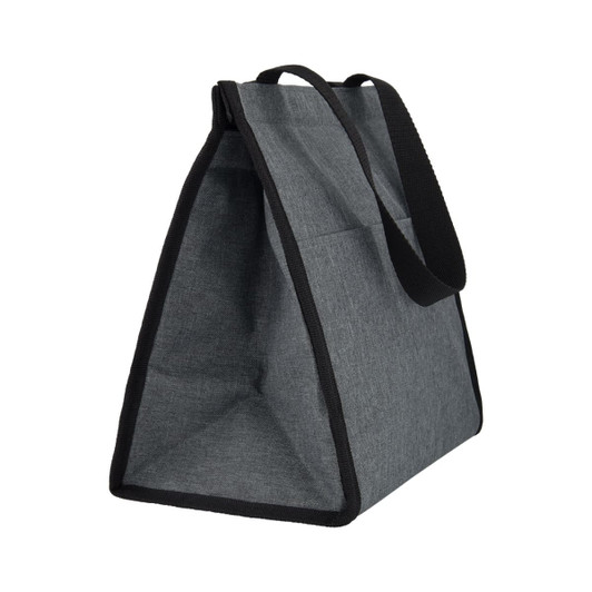 A cooler bag in grey fabric with black trim and handles, featuring an insulated interior.