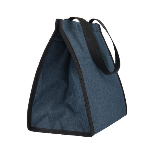 A blue cooler bag with black trim and handles, featuring a spacious interior and a simple design.
