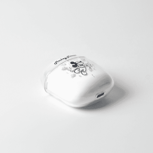 A white earphone case featuring a character design, with a logo on the side and a charging port at the bottom.