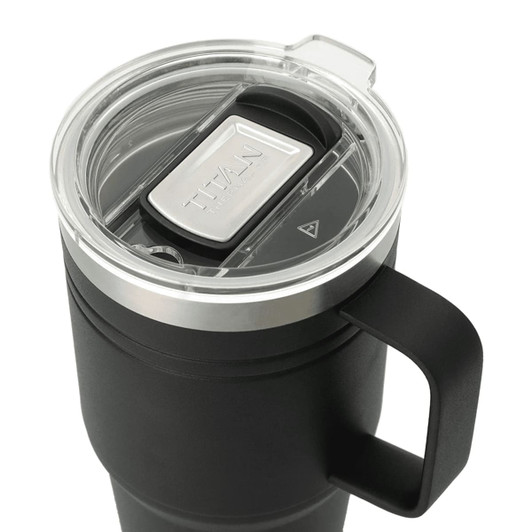 A drink bottle in black with a clear lid and a stainless-steel rim, featuring a handle and a logo.