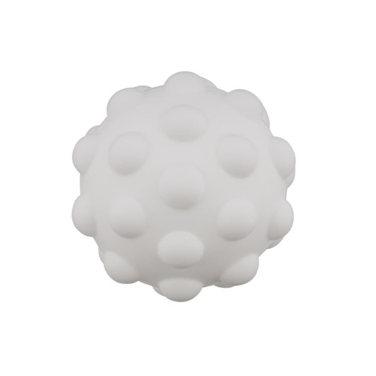 A white textured ball featuring raised dots, designed for tactile interaction. It has a smooth, rounded shape.