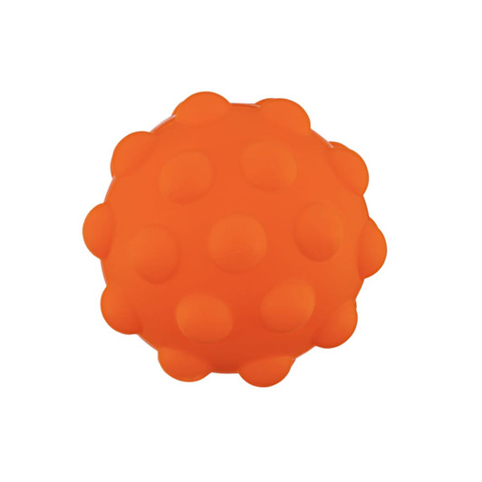 An orange rubber ball with a textured surface, featuring rounded protrusions all over. It has a logo on it.