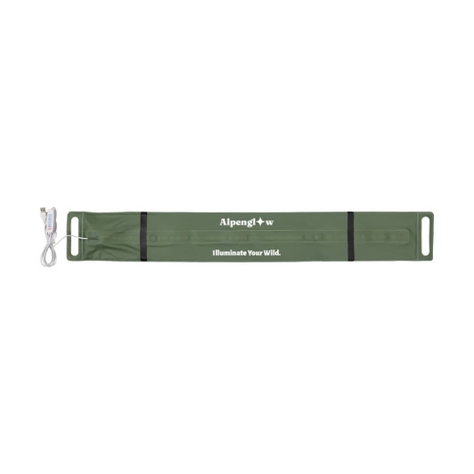 A foldable camp light in green with attachment straps and a charging cable, featuring a logo.