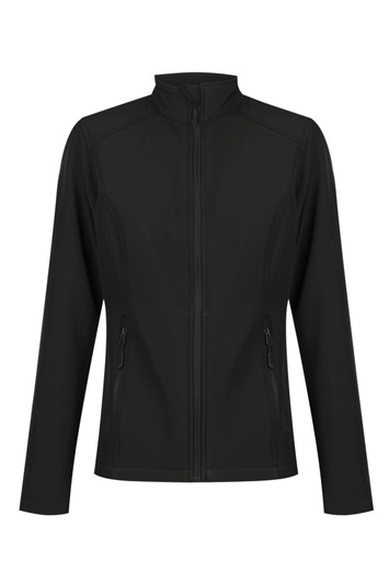 A soft shell jacket in black, featuring a zip front and side pockets. Includes a logo on the jacket.