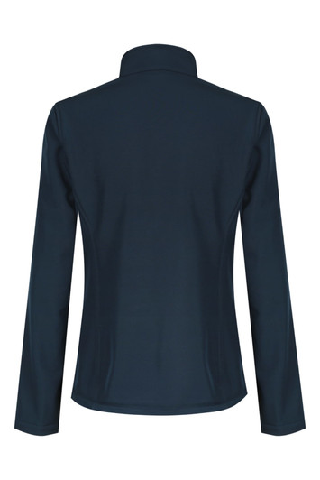 A soft shell jacket in navy blue with a high collar and long sleeves, featuring a logo on the back.