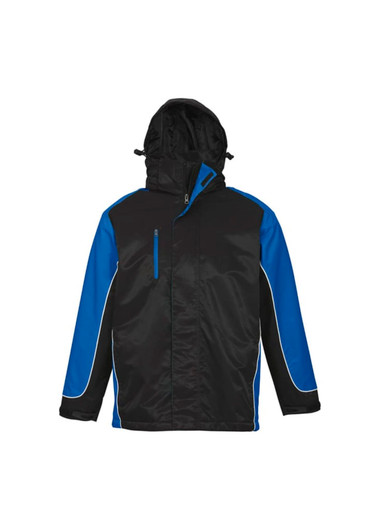 A unisex jacket featuring a black body with blue sleeves and a hood, including a small zip pocket on the front.