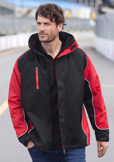 A unisex jacket in black and red with a hood, featuring zippered pockets and white detailing. It has a logo.