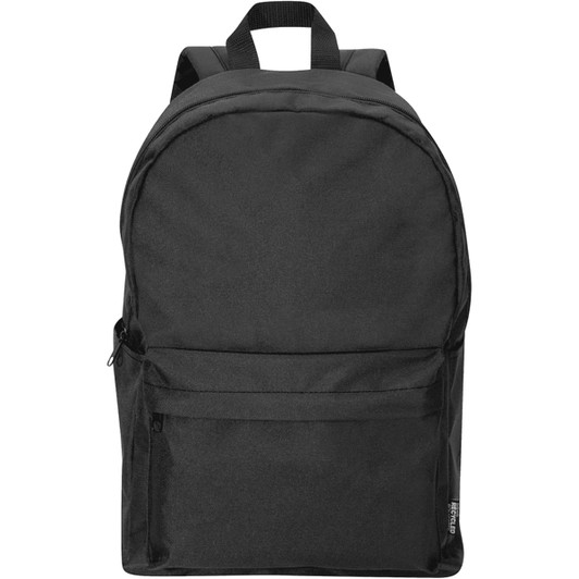 A black backpack with a rounded top, a front pocket, and adjustable straps, featuring a logo on the side.