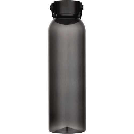 A drink bottle made from recycled plastic, featuring a dark grey body and a secure black lid.