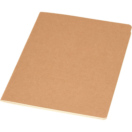A tan A5 cahier planner with a smooth cover and rounded corners. It features a logo on the front.