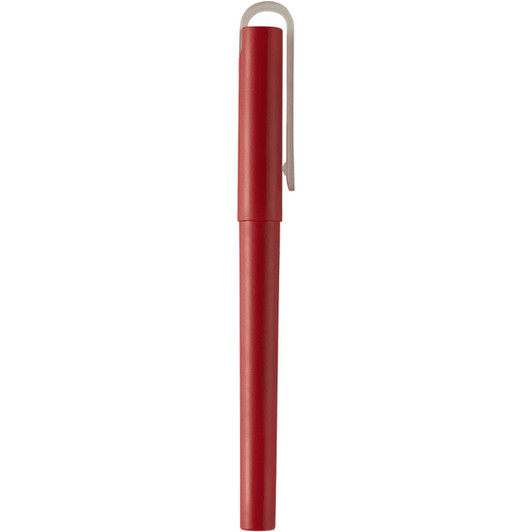 A red gel rollerball pen with a light-coloured clip and a simple design. It features a logo on the barrel.