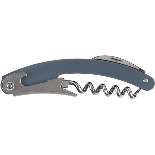 A grey waitress knife featuring a corkscrew and bottle opener, with a sleek metal design.