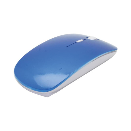 A blue wireless mouse with a sleek design and a white underside, featuring a logo on its surface.