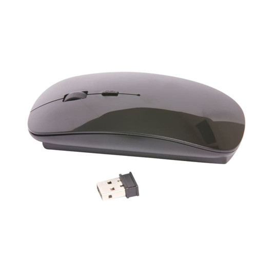 A black wireless mouse with a USB receiver beside it, featuring a smooth, contoured design.
