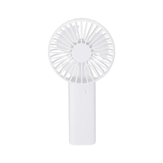 A white handheld fan with a circular grille and a sturdy base, featuring a logo on the handle.