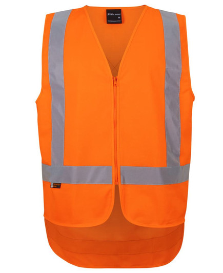 An orange safety vest with reflective silver stripes, featuring a zip front and a loose fit design.