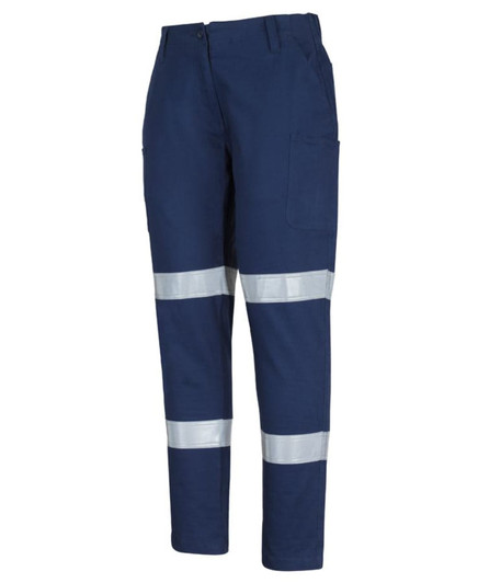 Navy cargo pants with reflective D+N tape detailing and multiple pockets, featuring a logo.