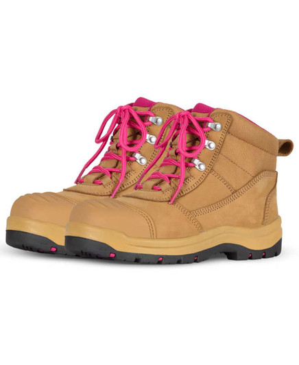 A pair of wheat and pink safety boots featuring laces and a durable design. Includes a branding logo on the side.