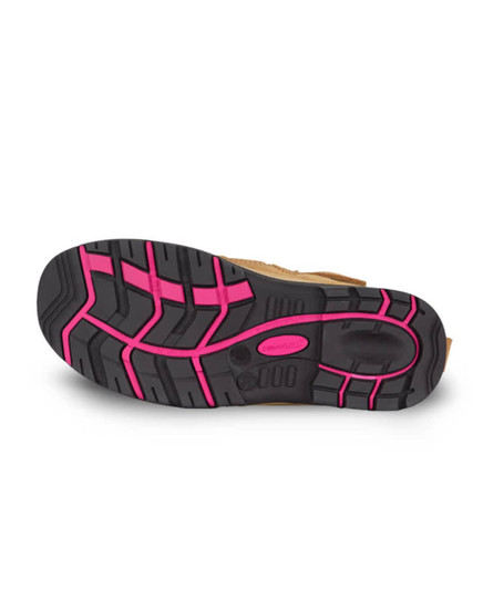 The image features the sole of a wheat and pink safety boot, showcasing a textured black rubber design with pink accents.