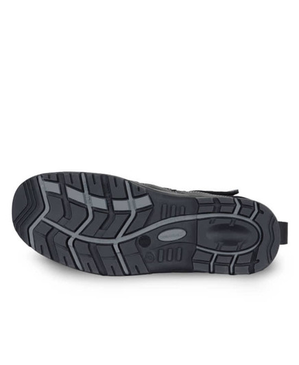 A black safety boot with a rugged sole, featuring a logo on the side and a reinforced toe.