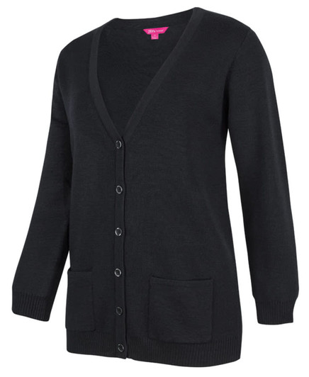 A black cardigan with a V-neck, button-down front, and two front pockets. It features a logo.
