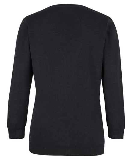 A black ladies' cardigan with long sleeves, featuring a simple design and a logo.