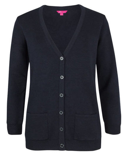 A navy cardigan with a v-neck, button-up front, and pockets, featuring a logo on the tag.